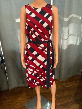 Ann Taylor Sleeveless Geometric Midi Dress in Red, Navy & White